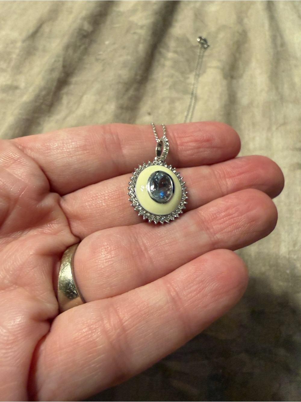 Sterling Silver Cream Pendant Necklace with Aquamarine Center Stone